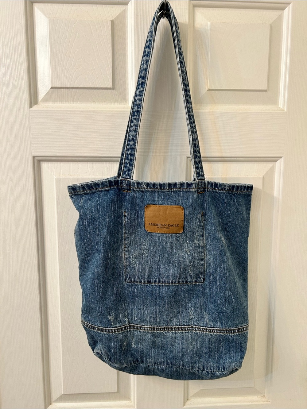 American Eagle Outfitters Denim Tote in Indigo Blue with Tan Patch